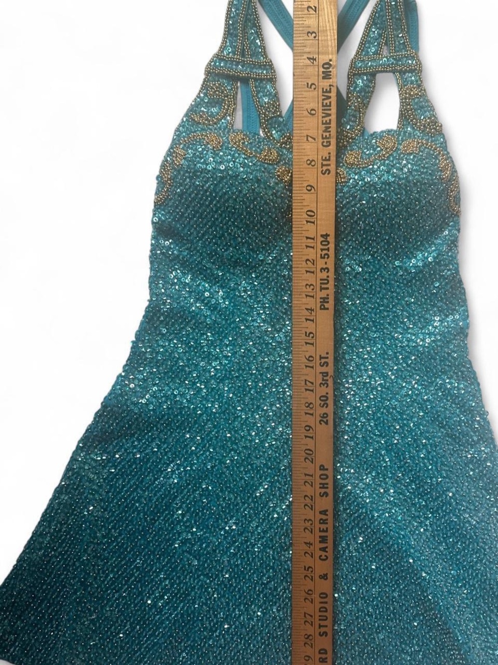 Teal Sequin Halter Mini Dress with Gold Accents